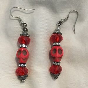 Day of the Dead Red Skull Earrings w Crystal Beads